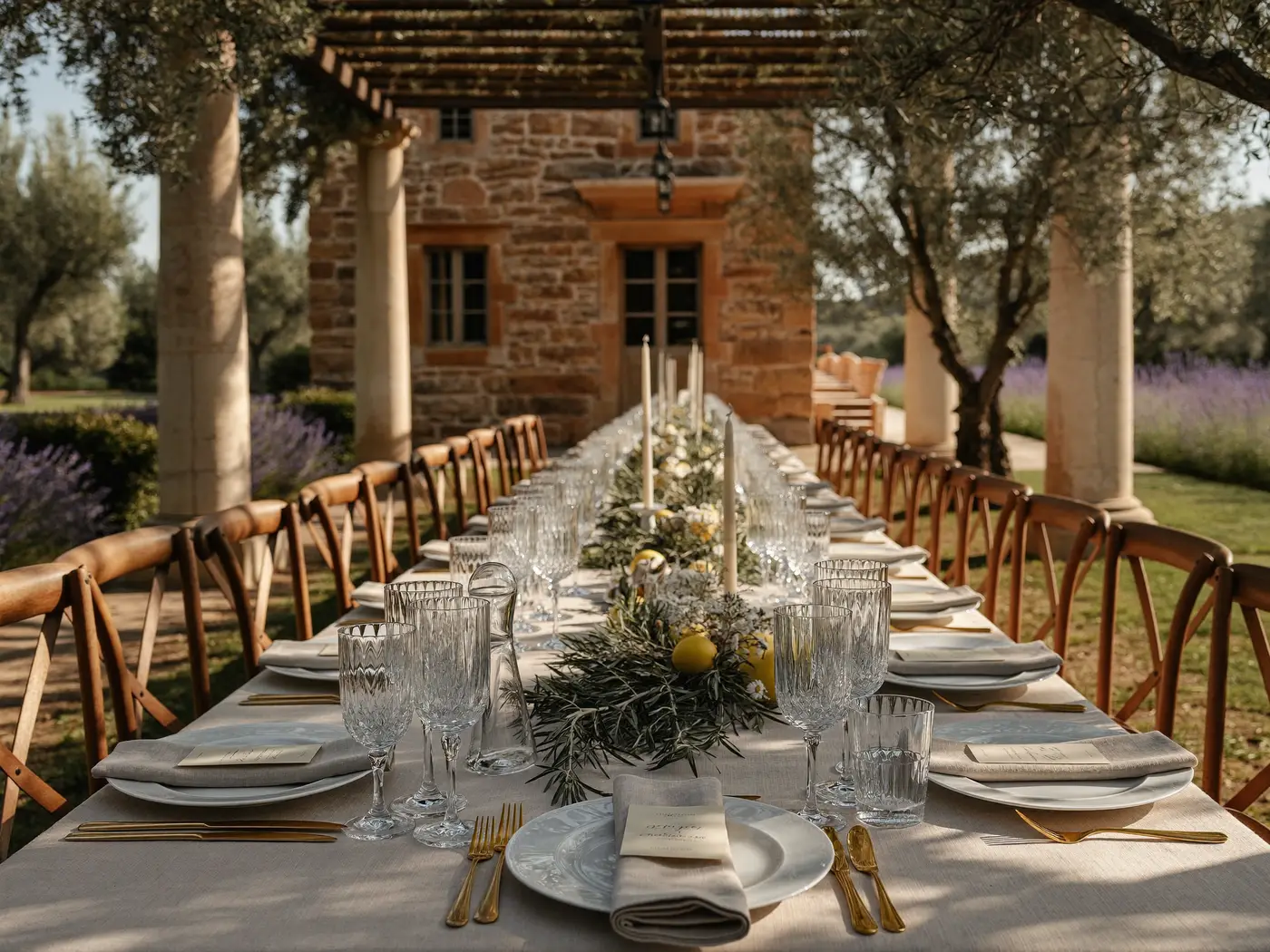 Friends at a long table under a pergola with string lights and bougainvillea at dusk